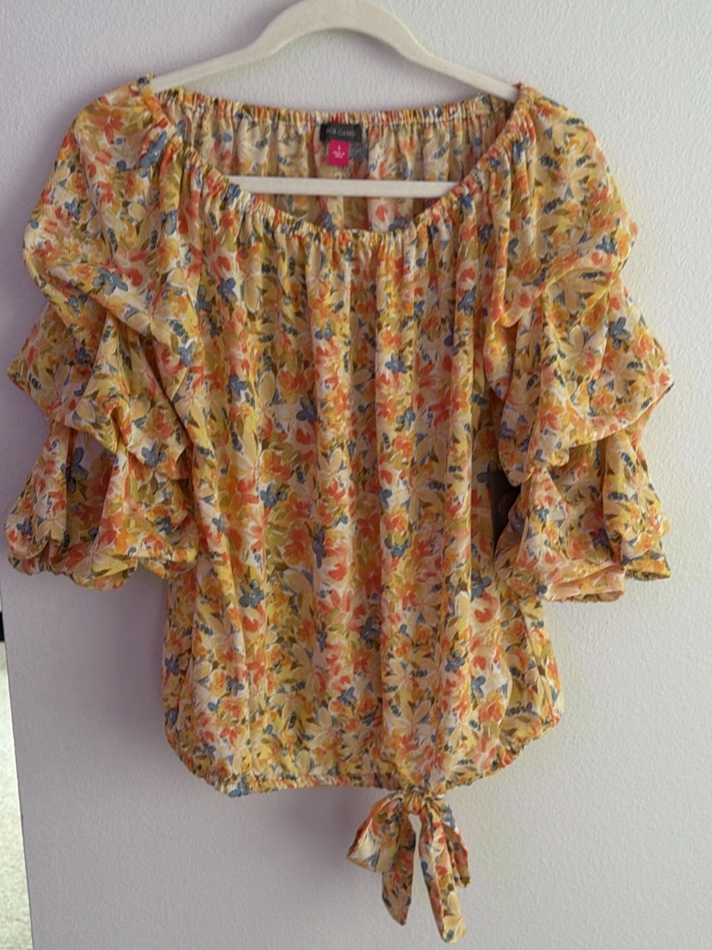 Vince Camuto Yellow Floral Off-Shoulder Tie-Hem Blouse
